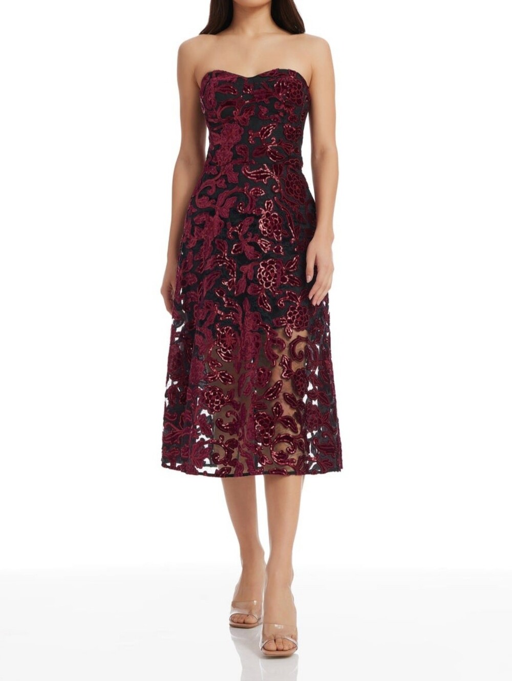Dress The Population Sadie Strapless Sequin Floral A-line Midi Dress